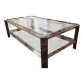 Table basse années 80 en métal gainé imitation loupe de noyer.