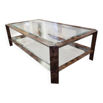 1980s coffee table in metal with walnut burl veneer.