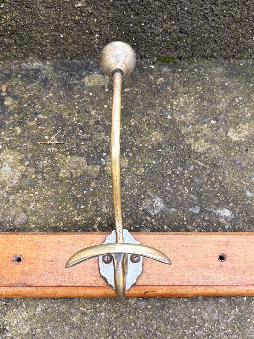 Large vintage wall coat rack with 5 brass and wood hooks – bistro