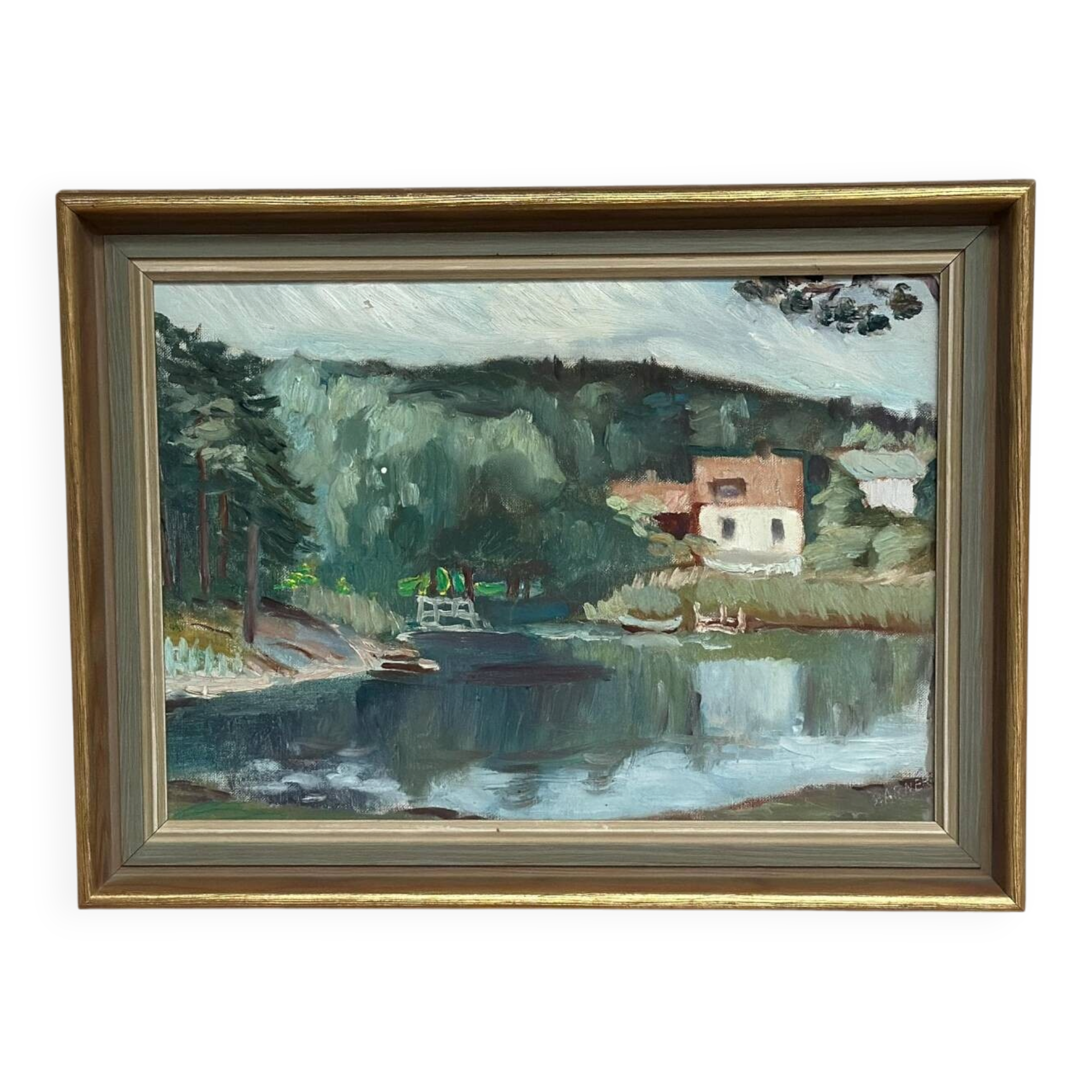 Swedish Oil on Canvas – “Lake with Houses” by G. Arner – Signed
