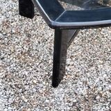 70s design coffee table in black lacquered wood with smoked glass top