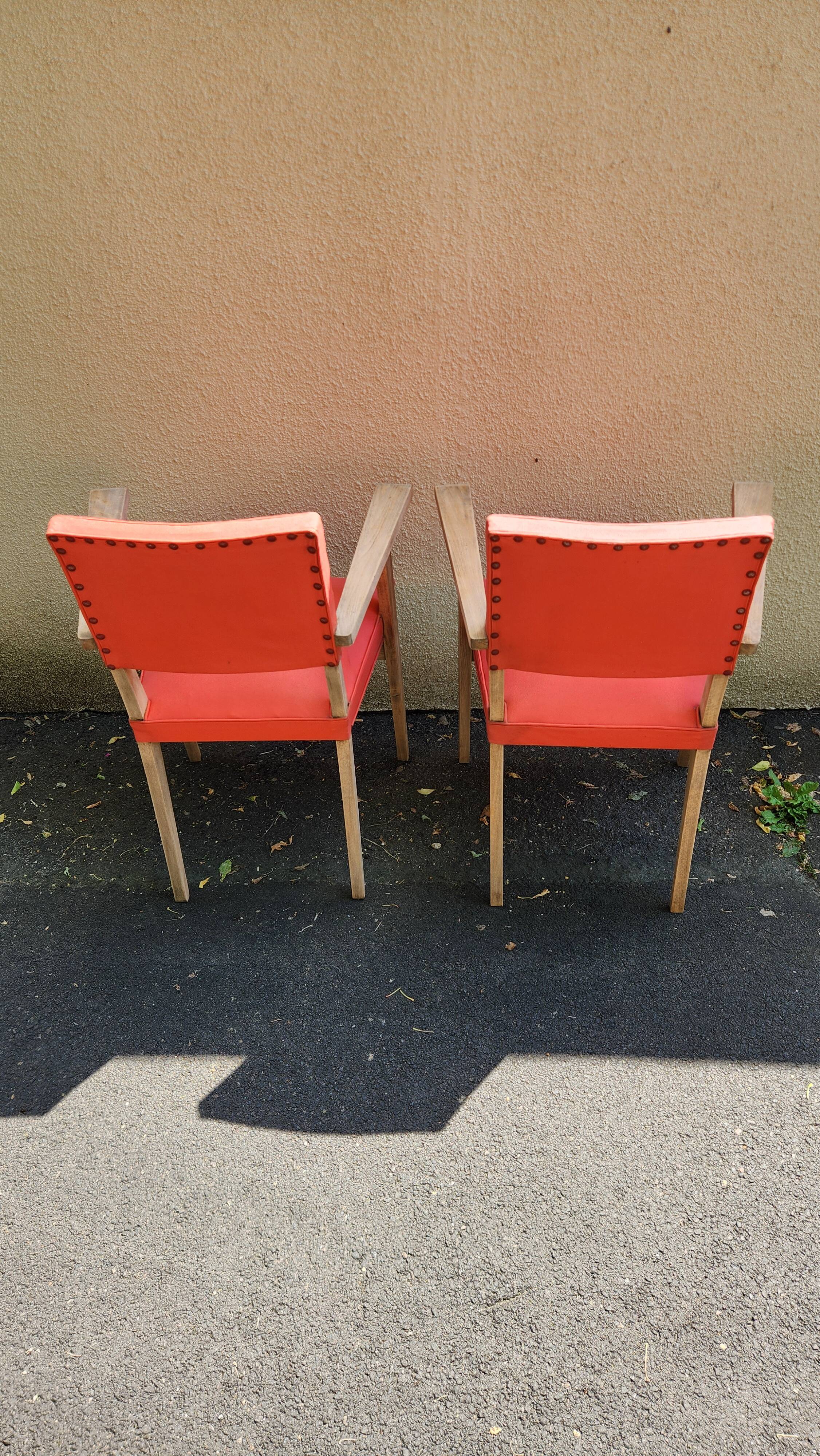 Pair of Vintage Bridge Armchairs Red & Wood 1950s