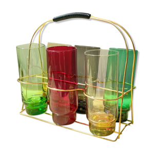6 verres colorés et panier en
