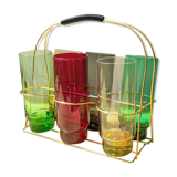 6 verres colorés et panier en laiton vintage
