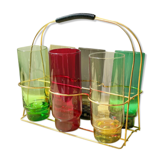 6 colored glasses and vintage brass basket