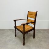 Straw and wood armchair brutalist art deco