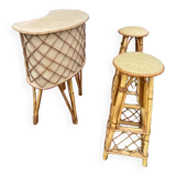 Vintage rattan bar with its two stools circa 1970