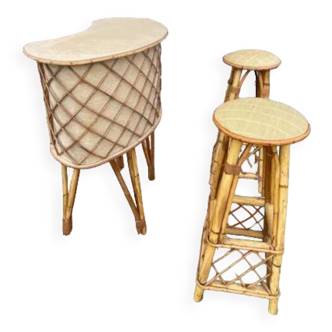 Vintage rattan bar with its two stools circa 1970