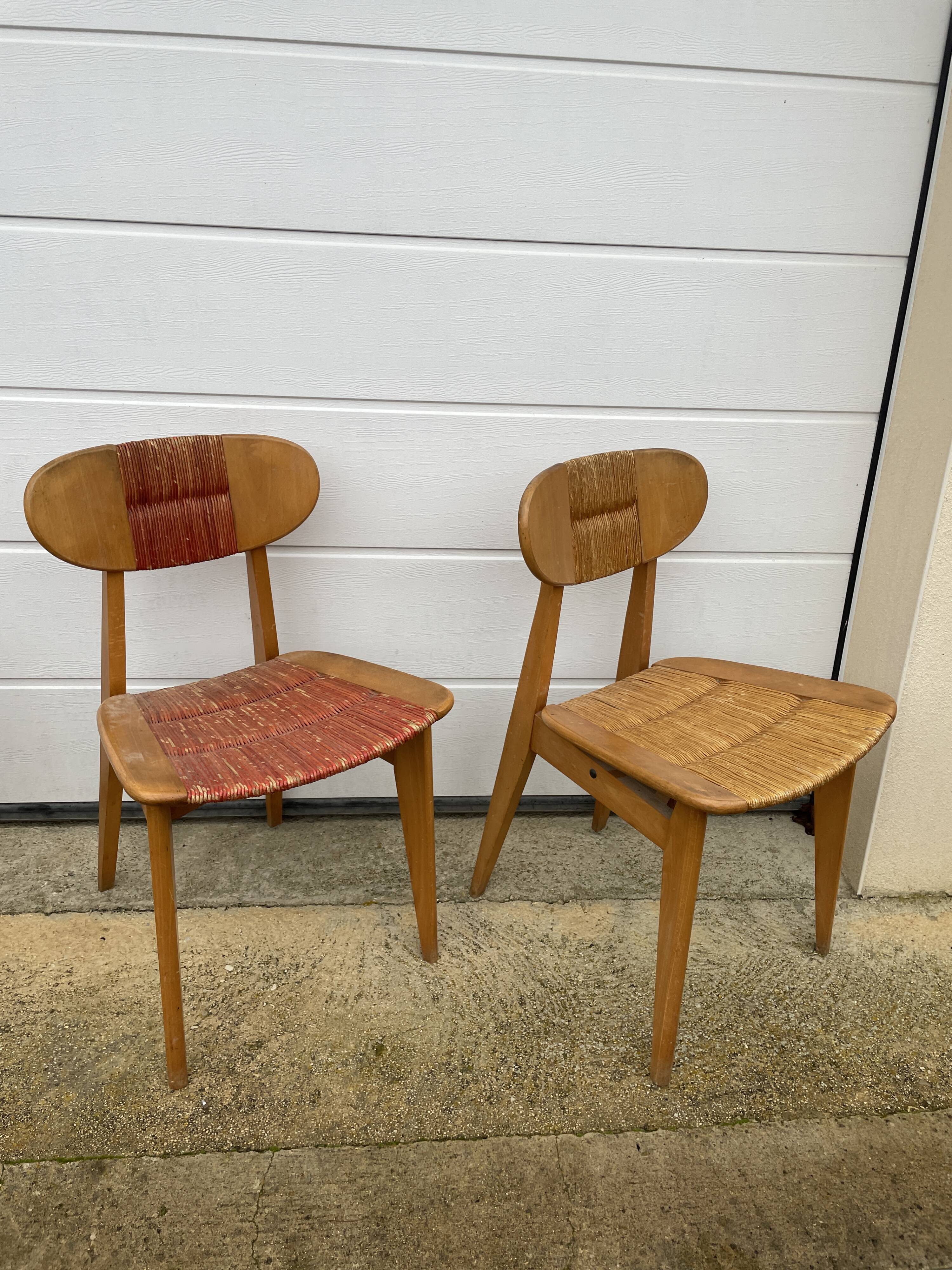 Série de 4 chaises paillées 1950 Roger landault  éditeur robert sentou