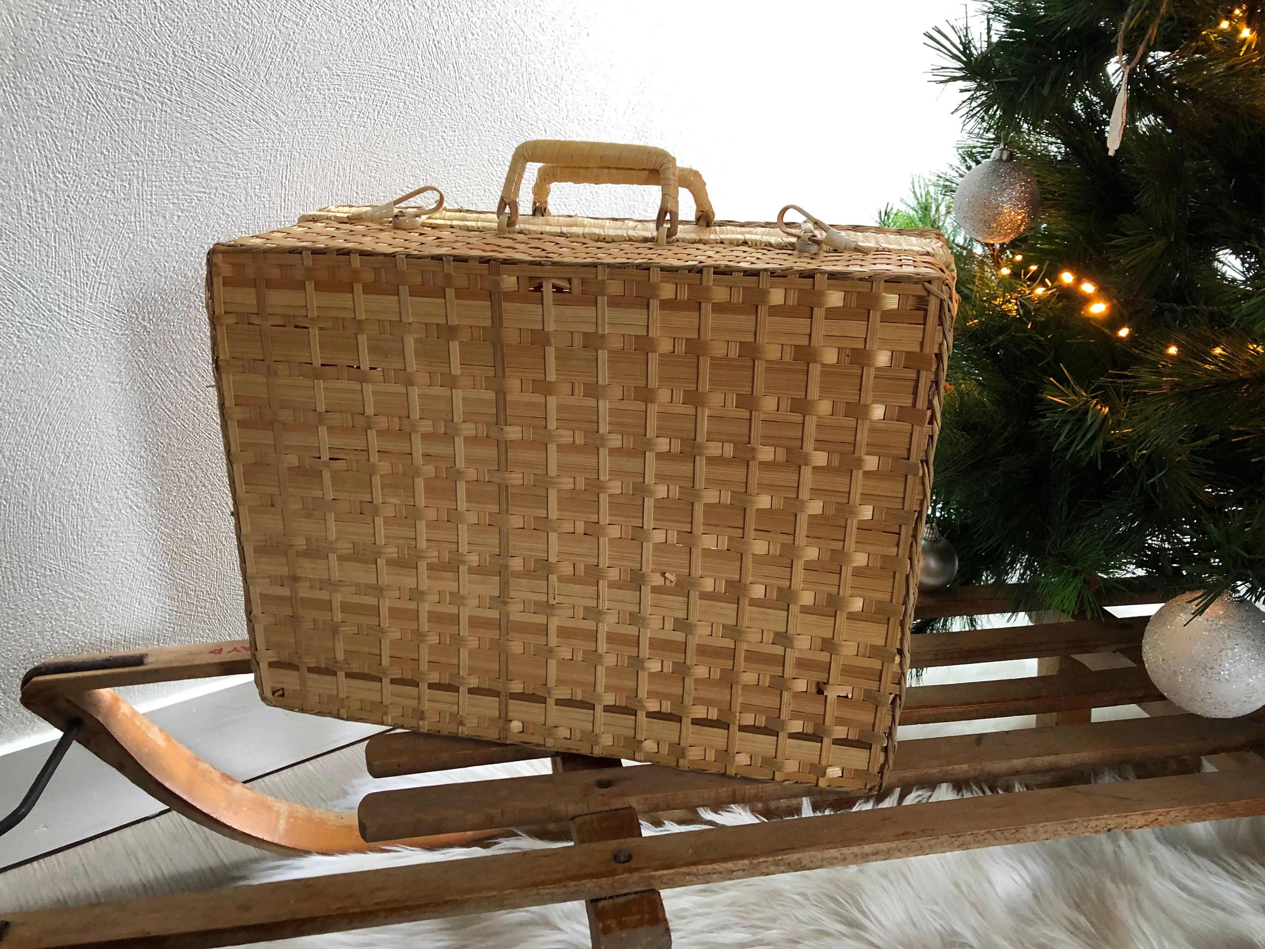 Vintage woven wicker suitcase