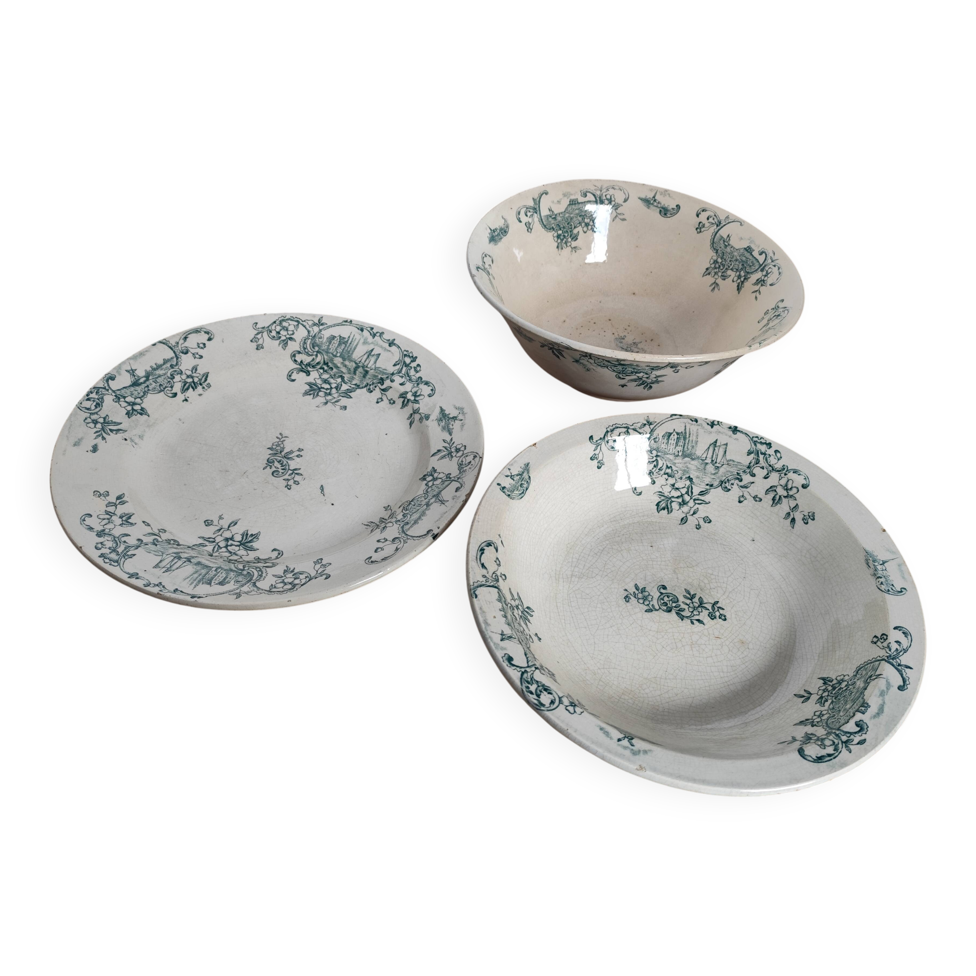 Trio of dishes: Salad bowl, Vegetable dish & Deep plate Faïence de Lyon Model