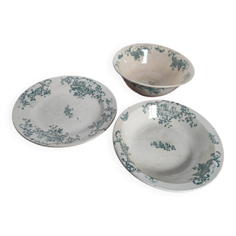 Trio of dishes: Salad bowl, Vegetable dish & Deep plate Faïence de Lyon Model