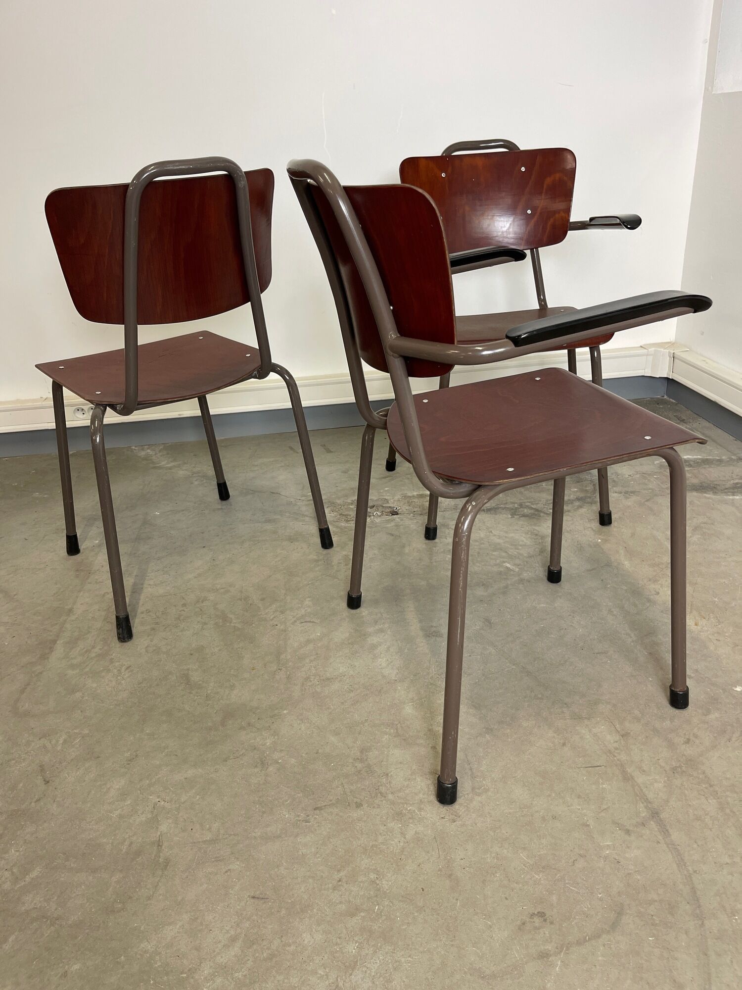 Set of 3 Galvanitas mahogany school chairs 1970s Netherlands
