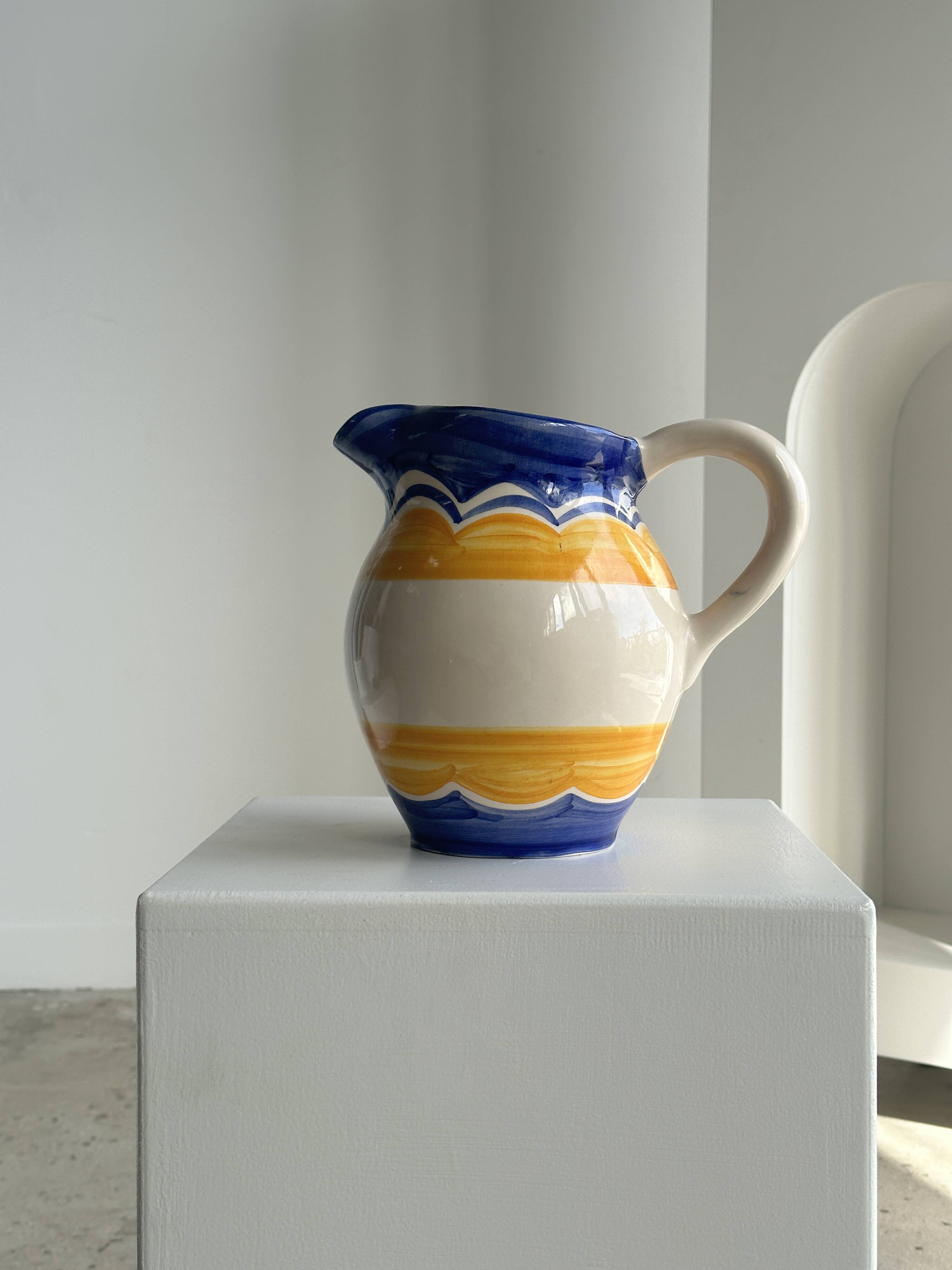 Large blue and yellow hand painted carafe H:20cm
