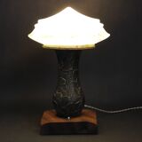 1940s restored brass table lamp with wooden base and glass shade