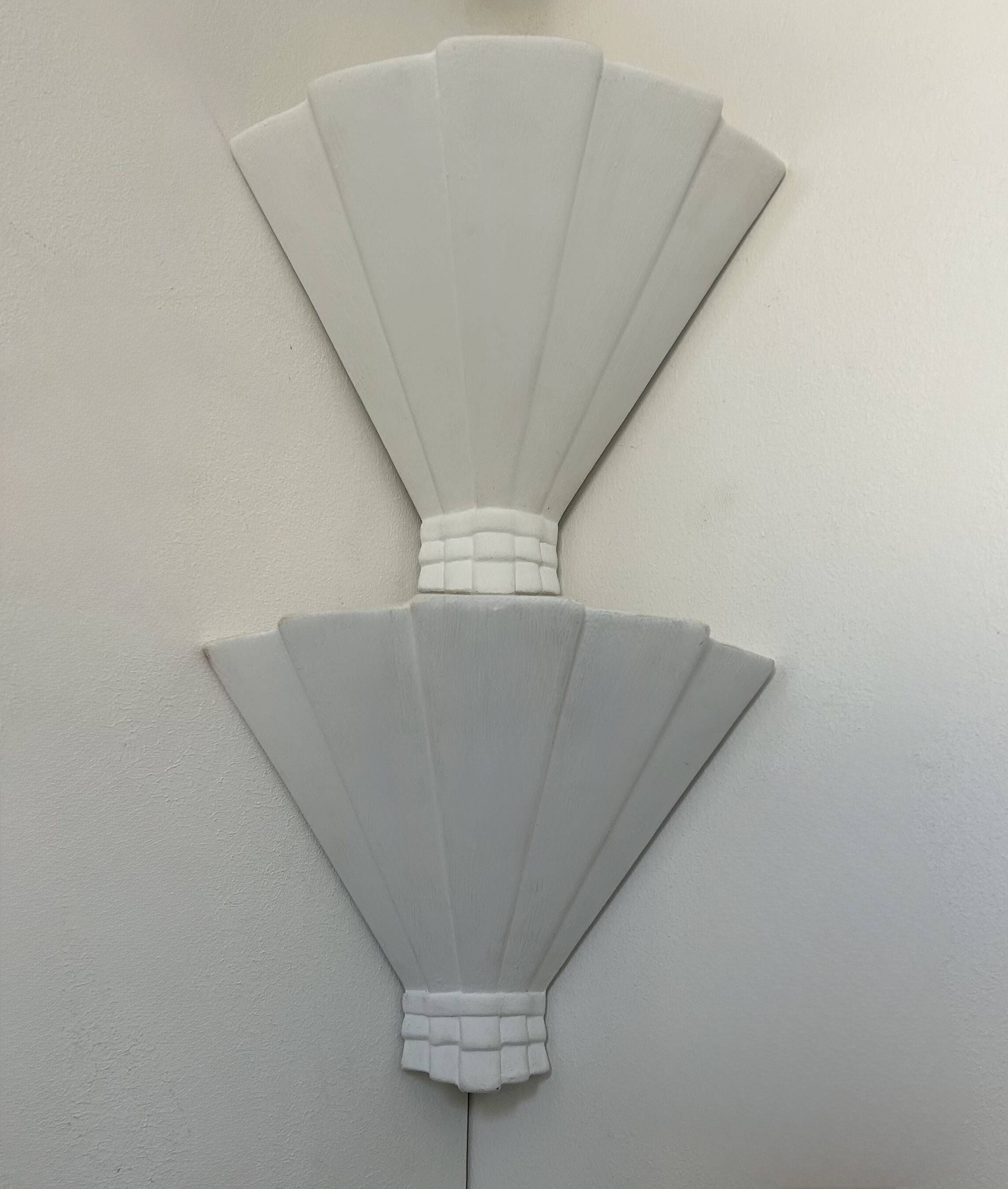 Pair of vintage corner wall lights, matte white plaster, France, 1970.