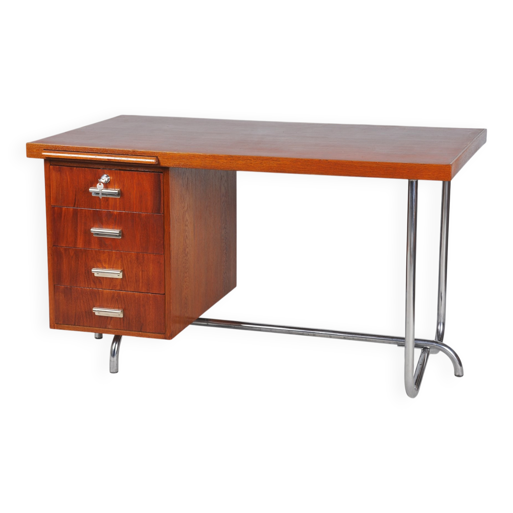 Bauhaus Writing Desk in Oak and Chrome attributed to Hynek Gottwald, Czechia, 1930s