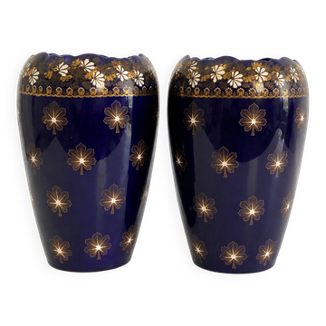 Old pair of blue Lunéville vases from the Art Nouveau period.