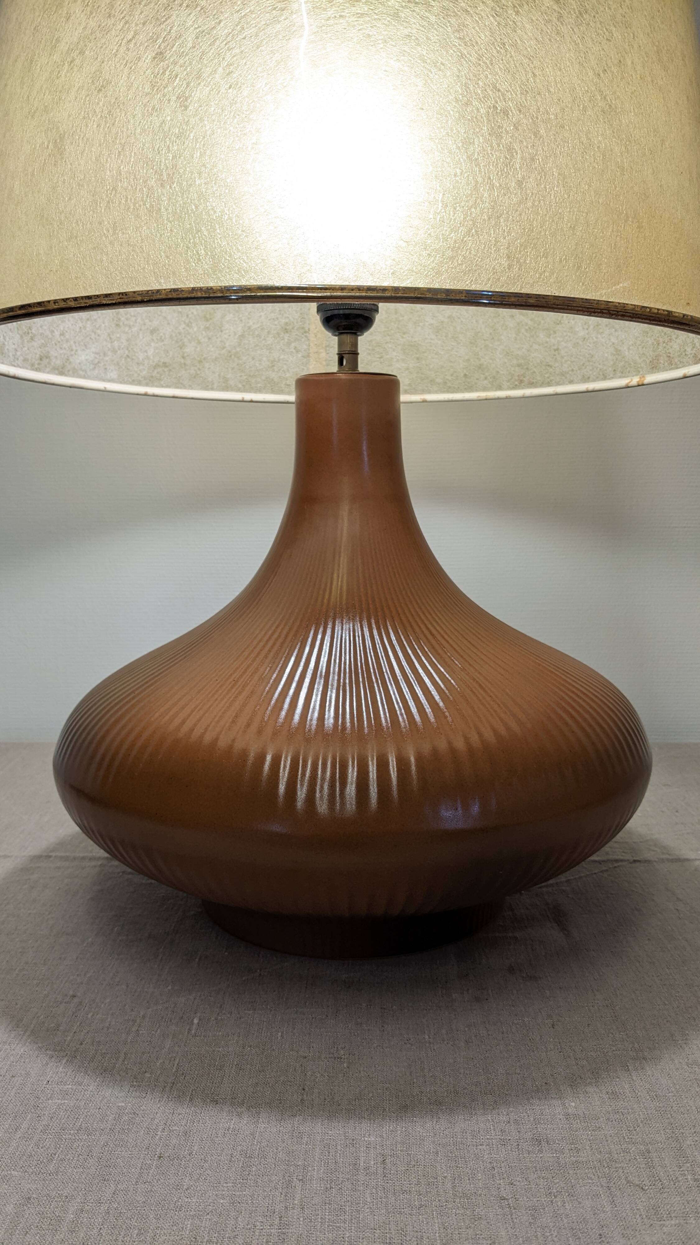 XL glazed ceramic living room lamp, France circa 1970