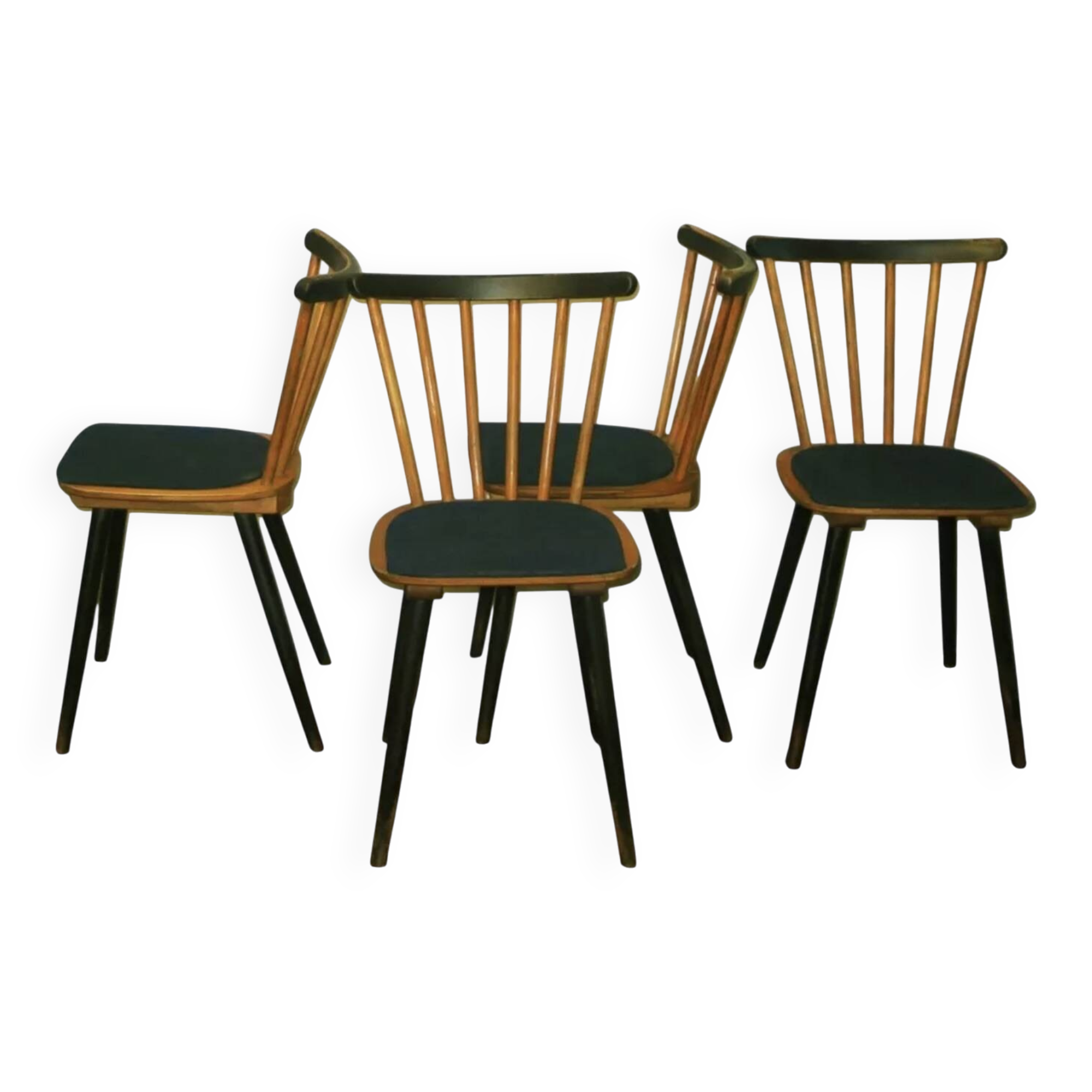Set of 4 dining chairs with splayed legs and navy blue seat covers, 1960s