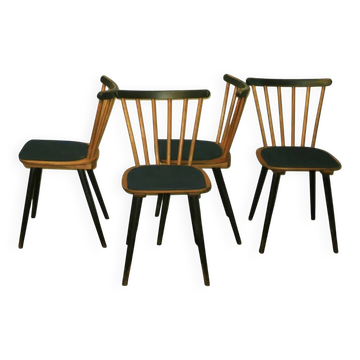 Set of 4 dining chairs with splayed legs and navy blue seat covers, 1960s