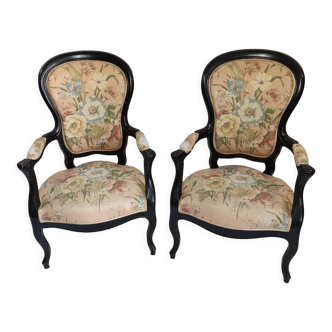 Pair of Napoleon III period armchairs in blackened wood