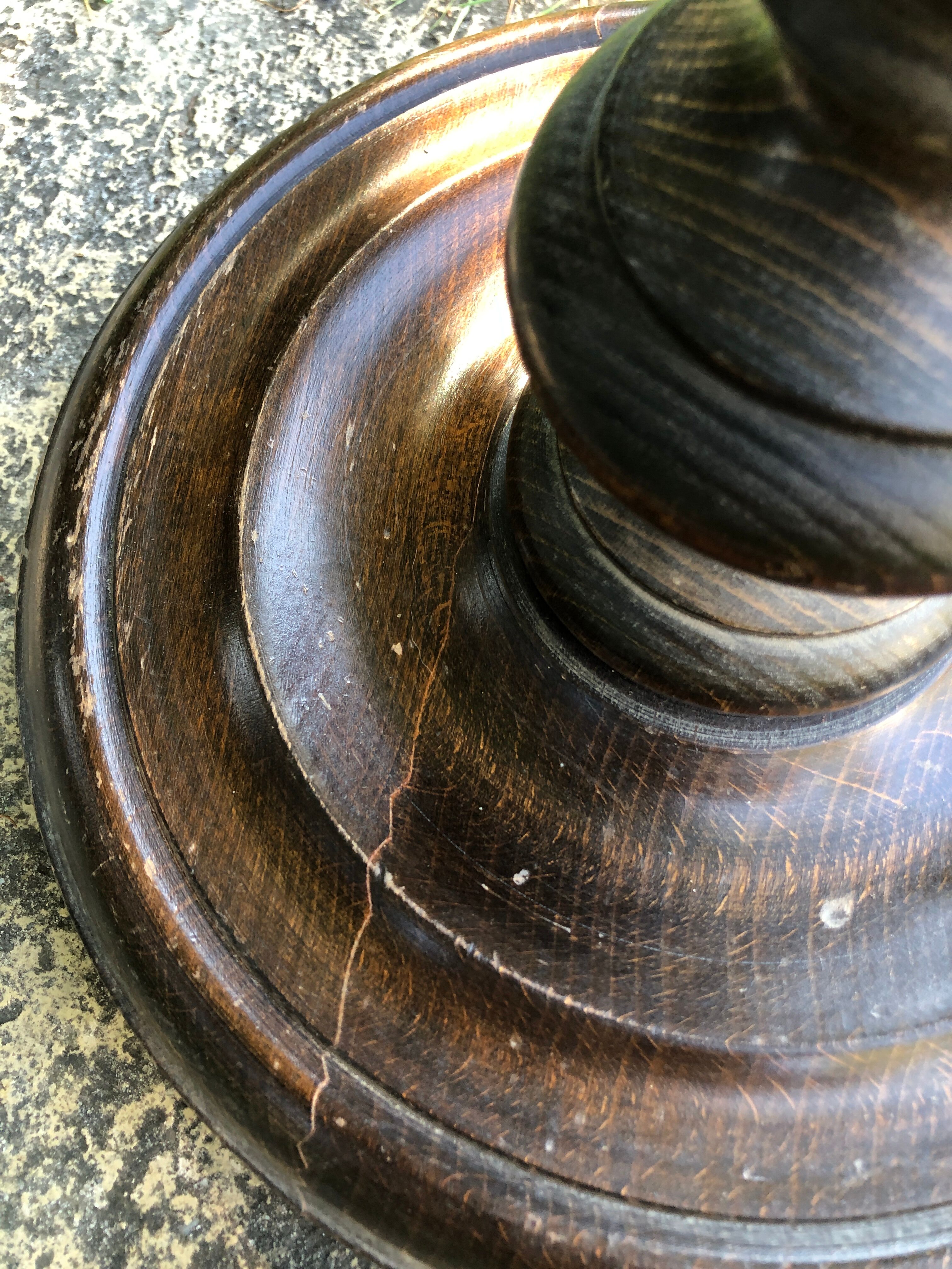 Dark turned wooden floor lamp and wool lampshade