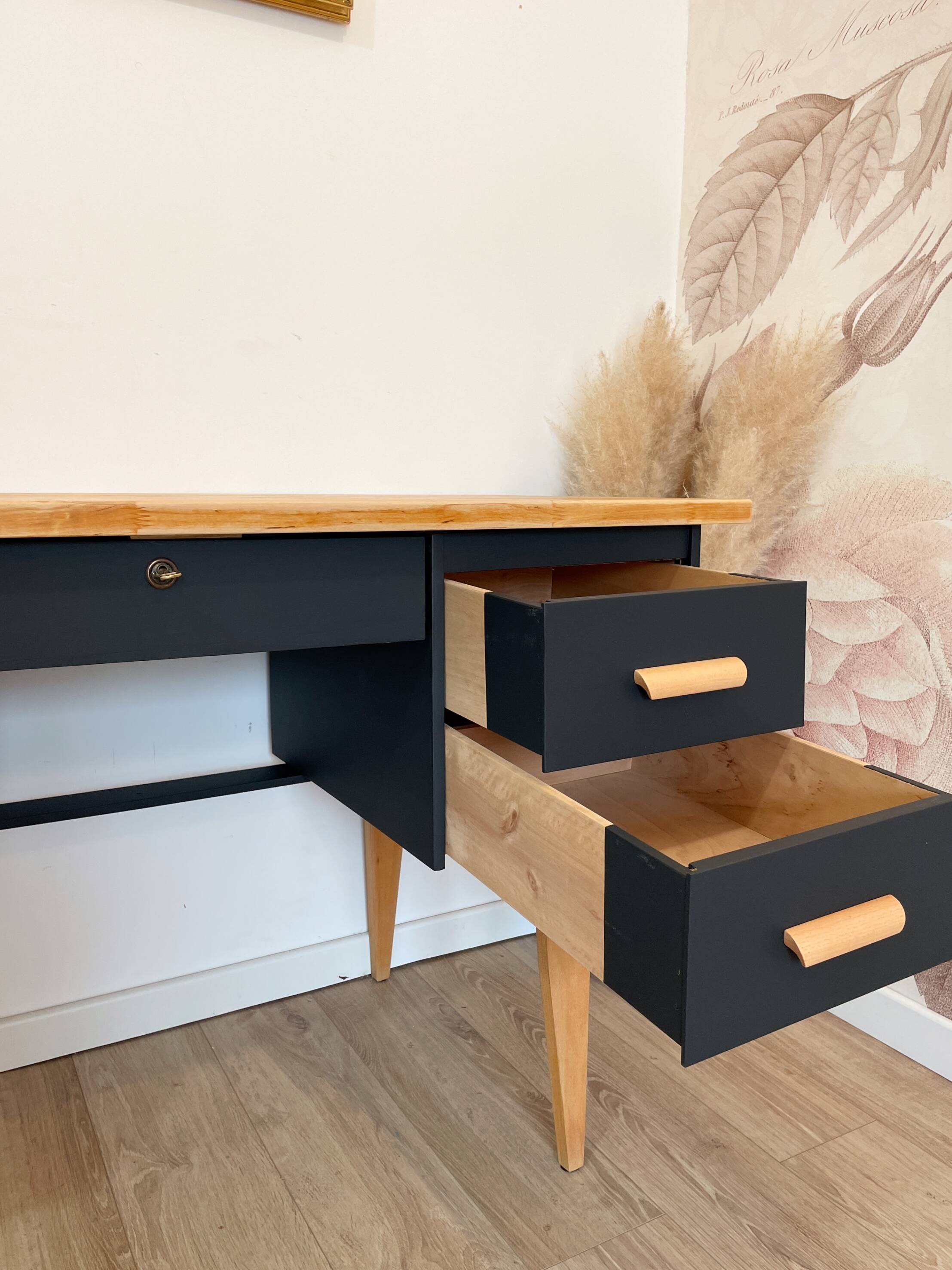 Vintage desk, Scandinavian style, Black lacquer and Beech