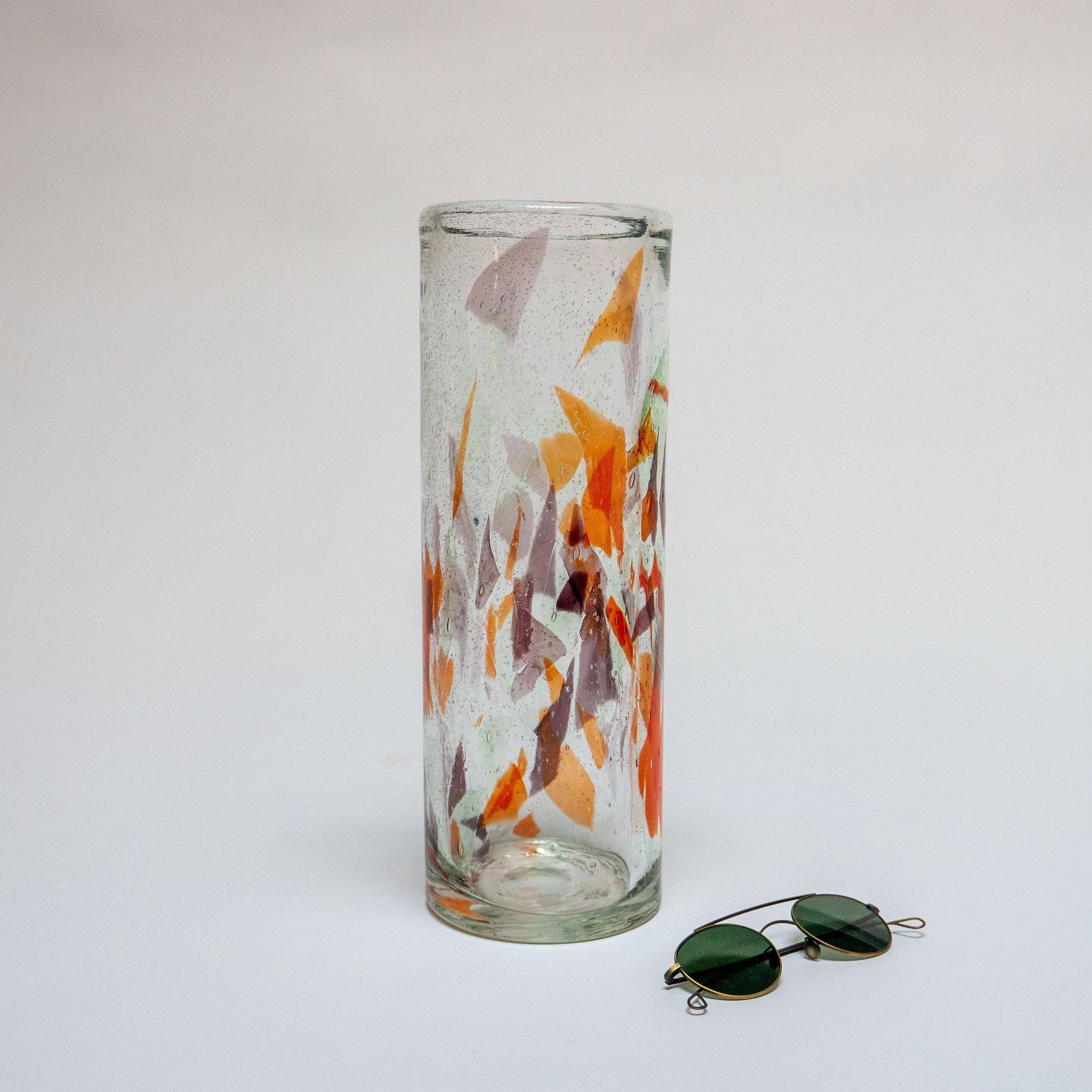 Vintage Tall Italian Vase in Clear Murano Glass with "Mosaic" Flakes Decoration
