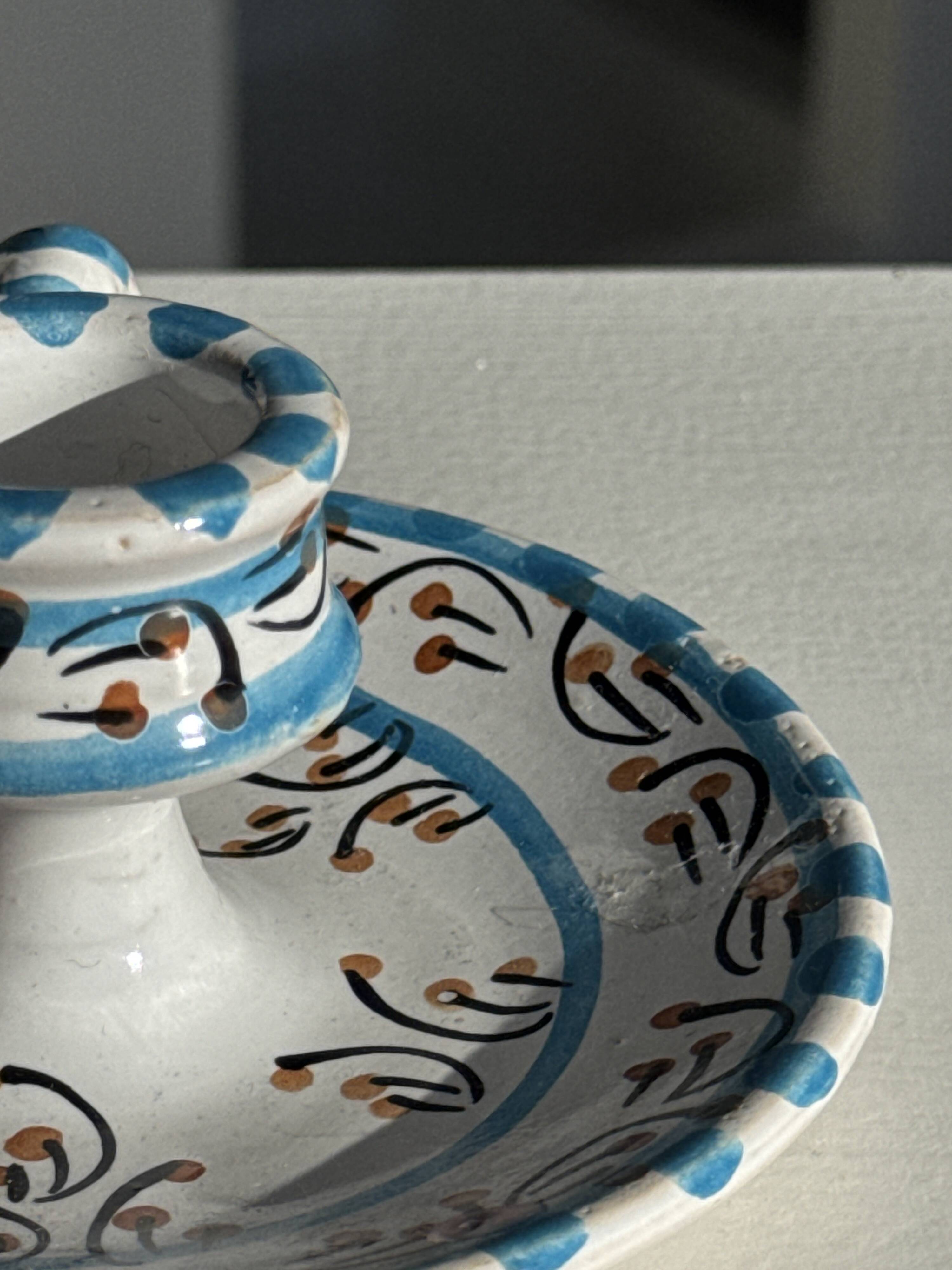 Light blue Moustiers candlestick H5 D12.5