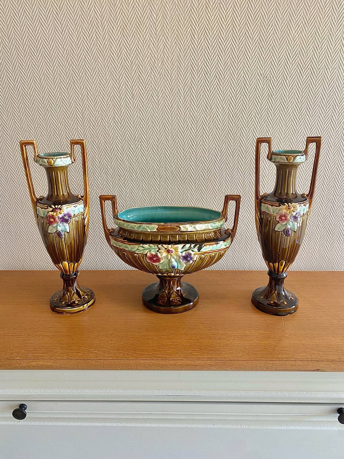Art Nouveau fireplace set in majolica