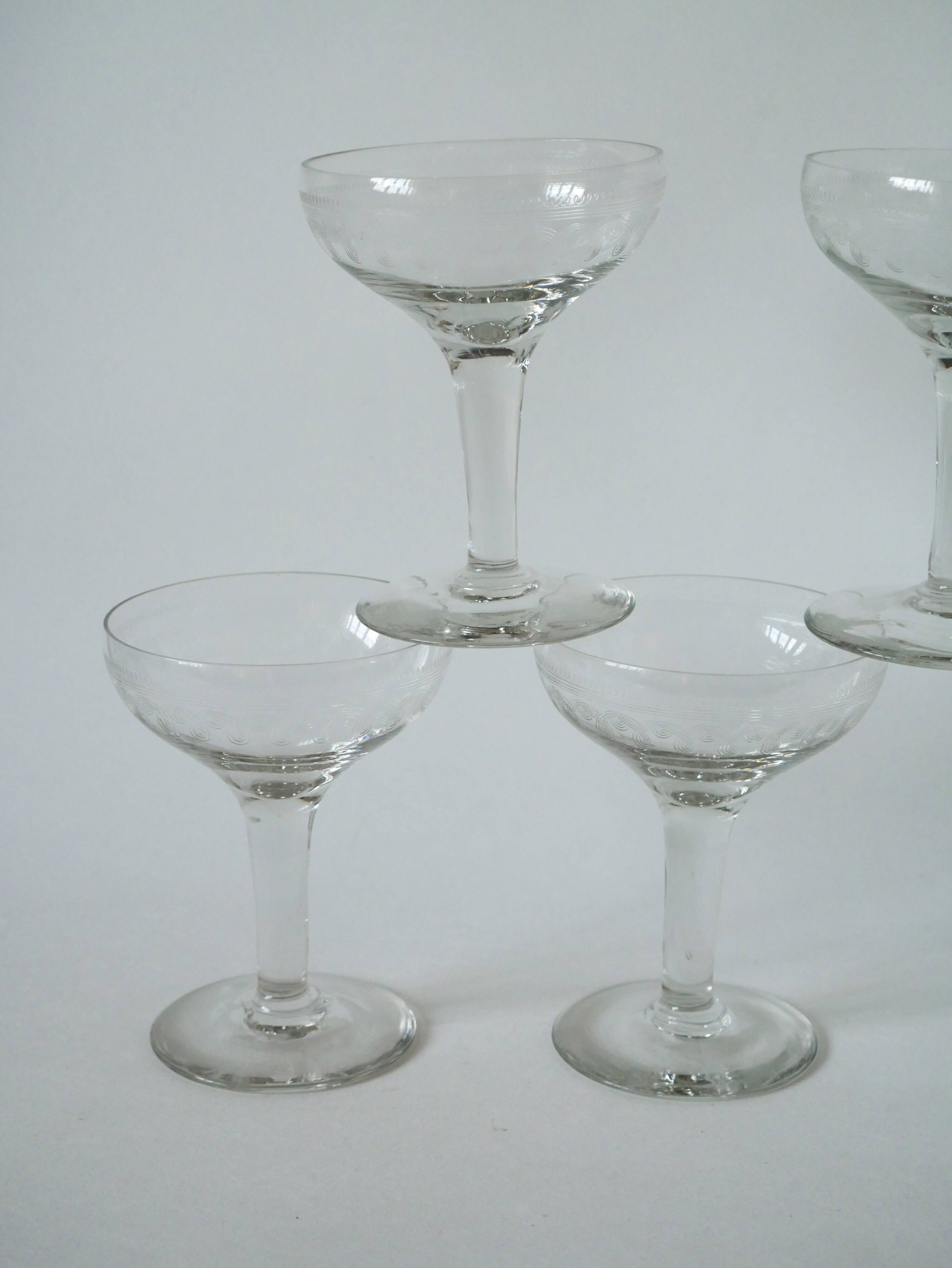 set of 5 engraved crystal champagne glasses 1950