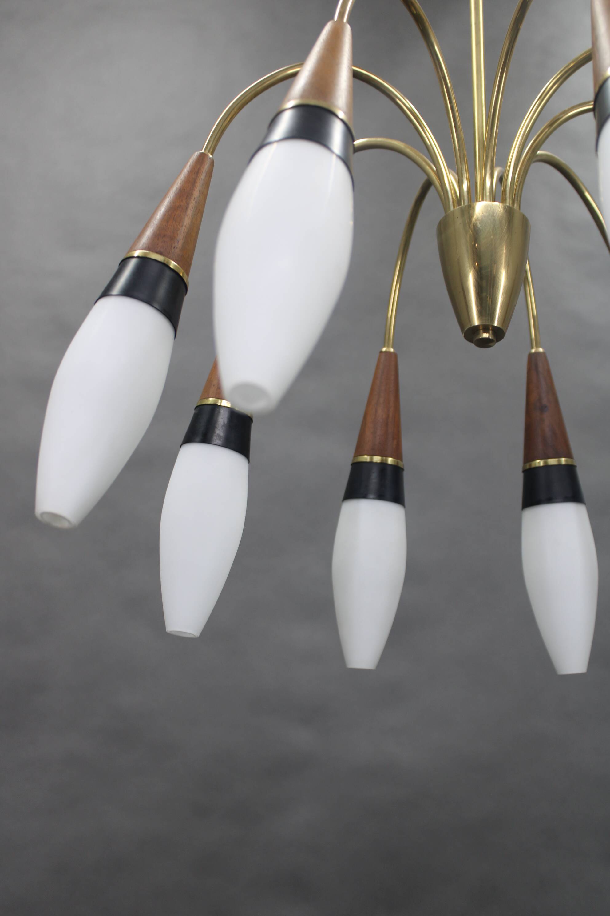 1960s Rupert Nikoll Brass and Teak Opaline Glass Chandelier ,Austria