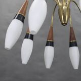 1960s Rupert Nikoll Brass and Teak Opaline Glass Chandelier ,Austria