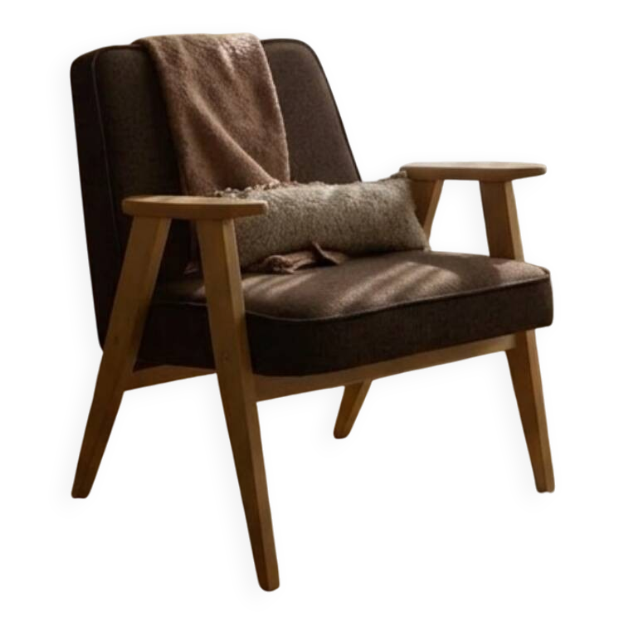 Fauteuil rétro en tissu en laine cacao, bois de hêtre naturel