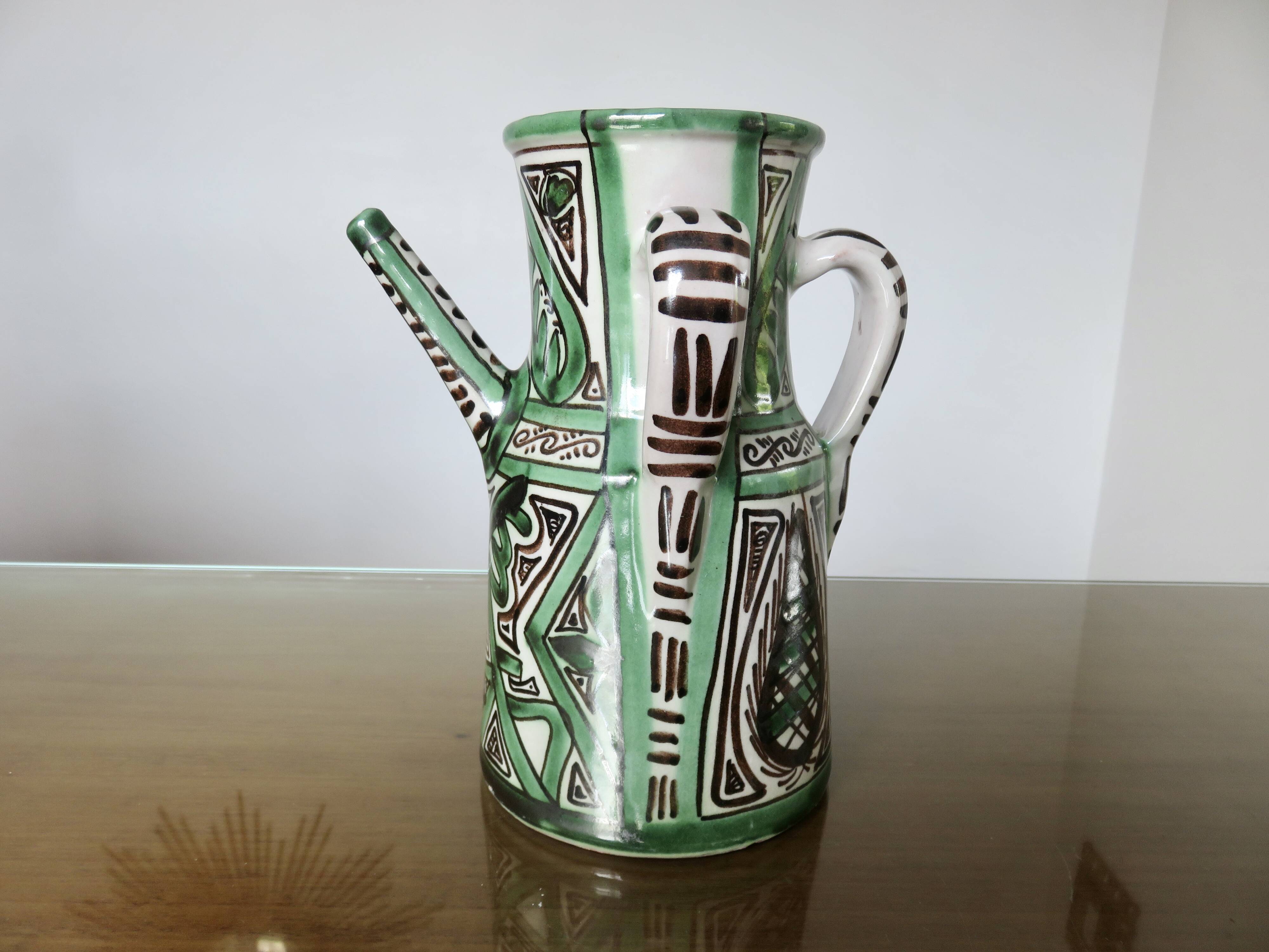 Domingo Punter, large pitcher with 3 handles, ceramic, signed, Spain 1960