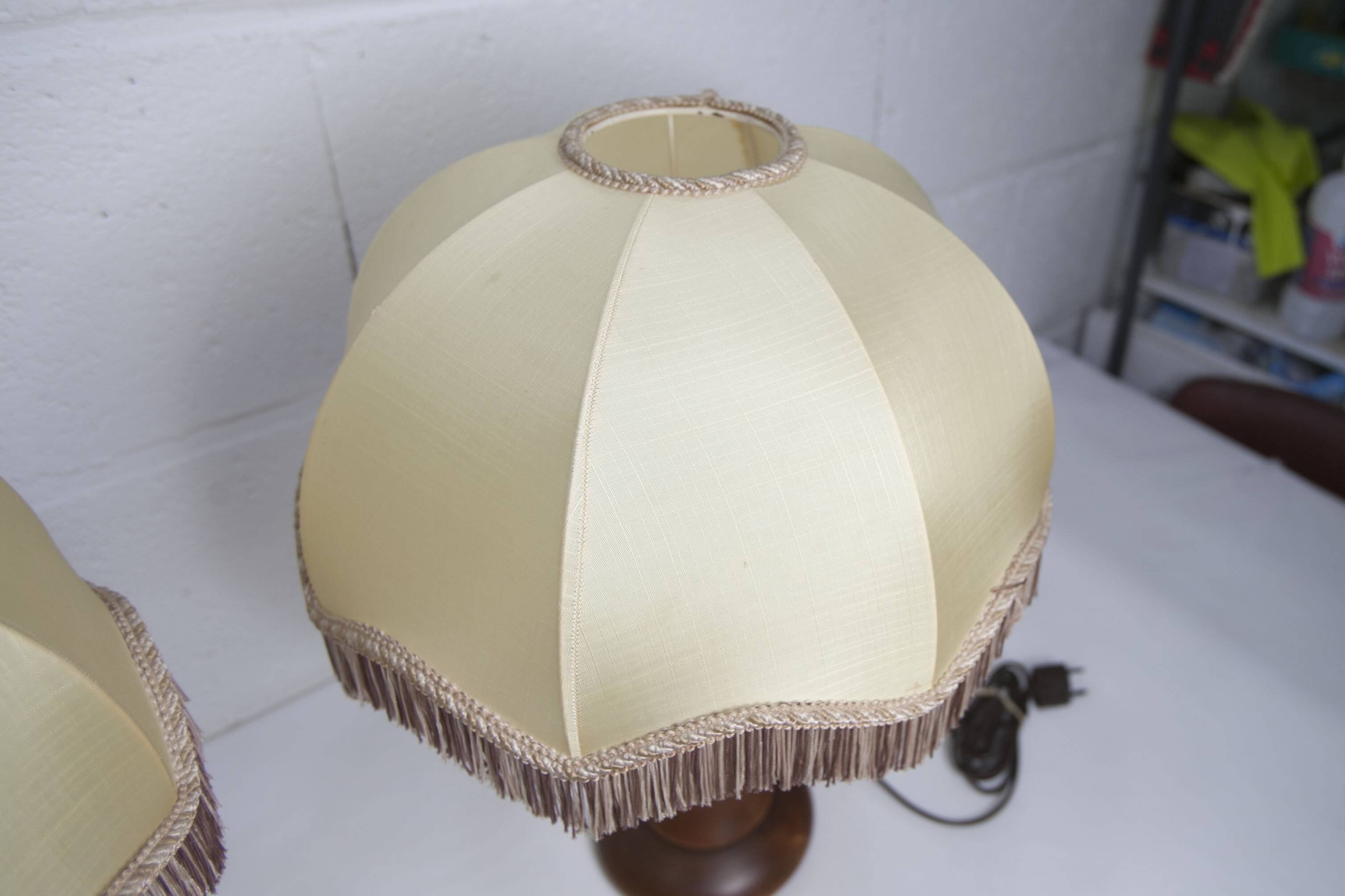 Pair of 1930s Art Deco bedside lamps with fringes, solid wood legs 52cm