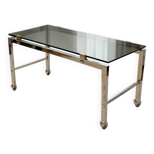 Table basse à roulettes en chrome et verre fumé 1970
