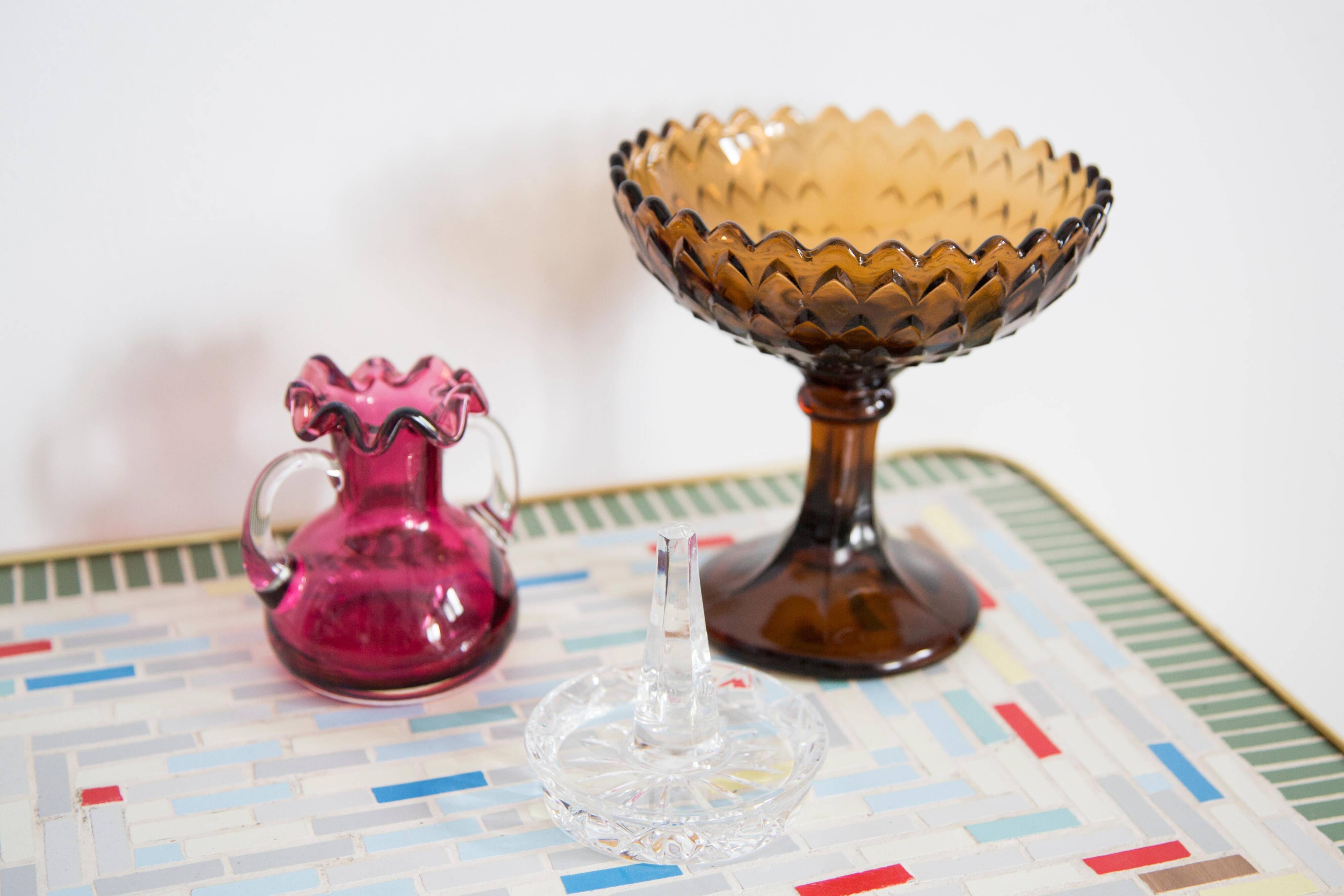 Vintage glass sugar bowl in brown, yellow, and orange, Italy, 1960s.
