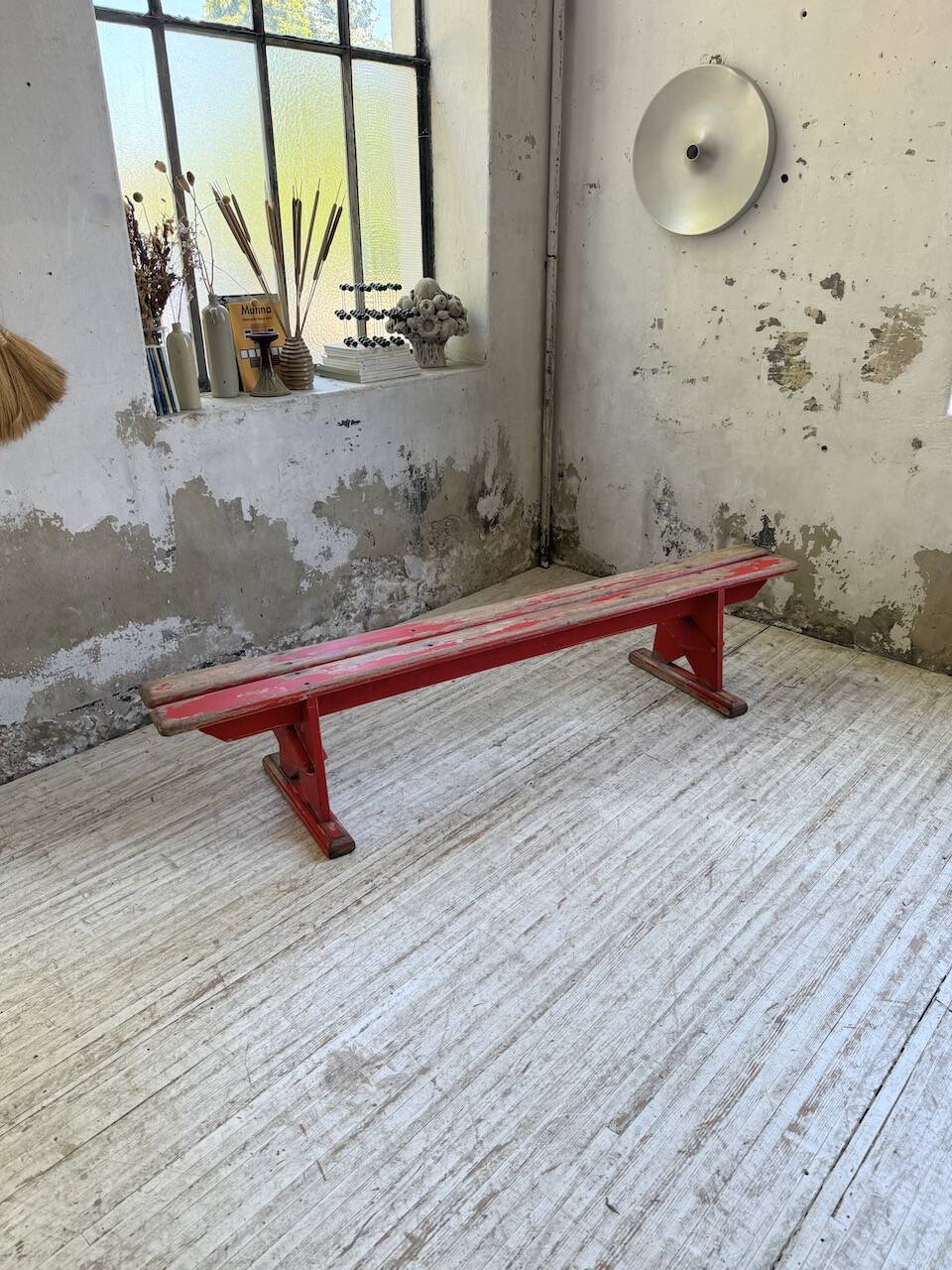 1950s oak bench with red patina, 2m
