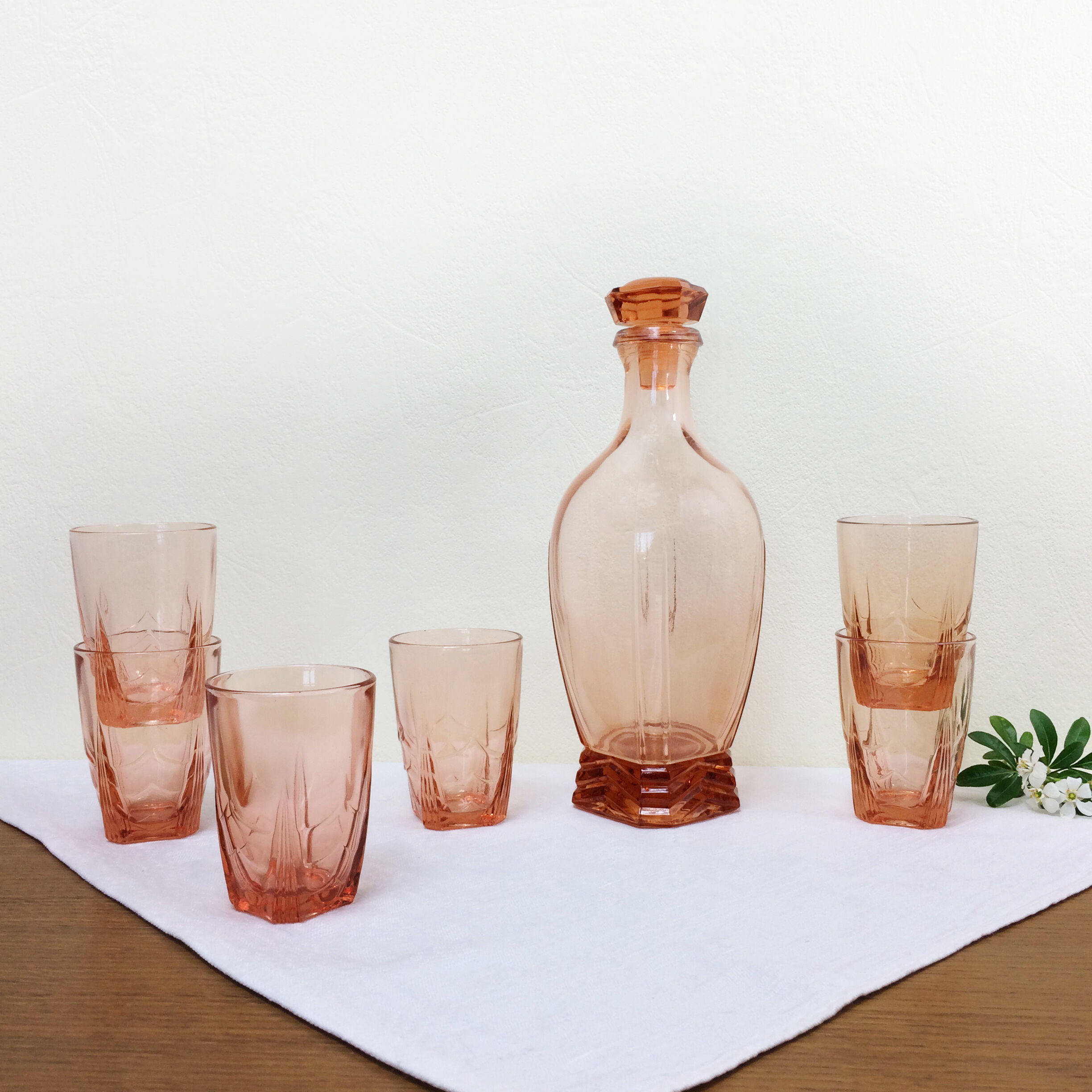 Art deco pink glass water service