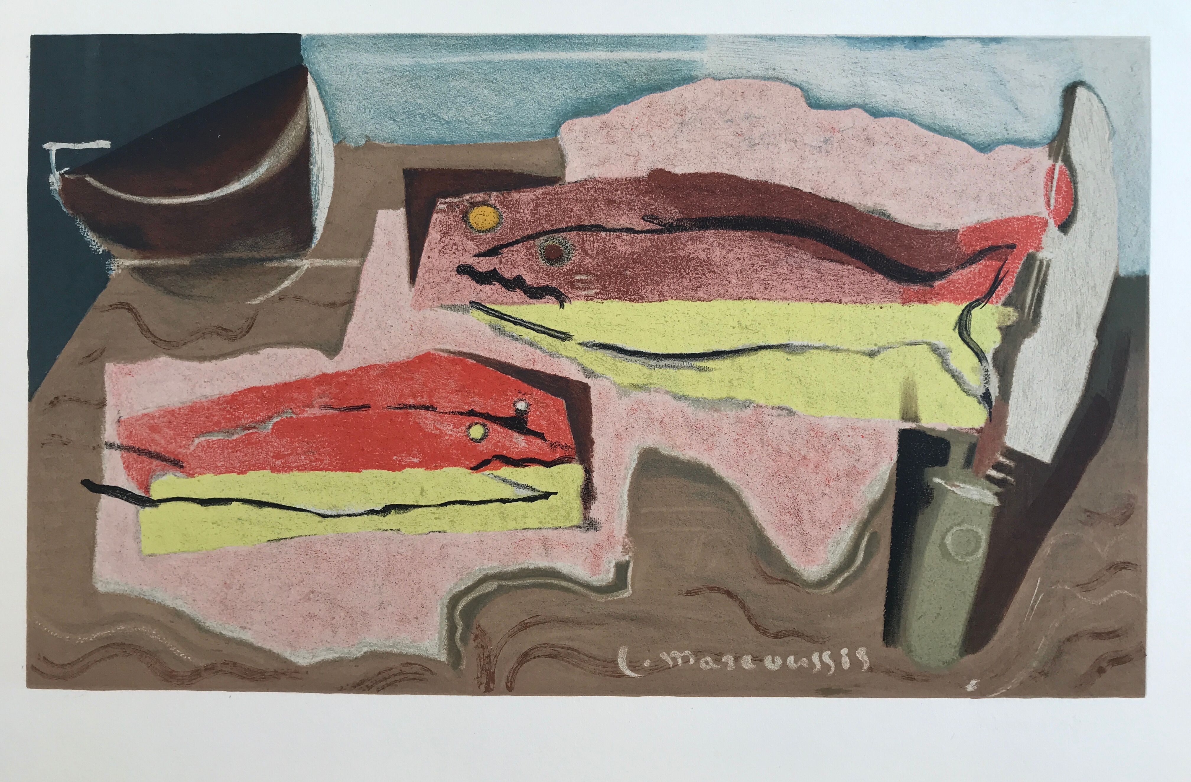 Lithograph by louis marcoussis, still life with fish, 1955