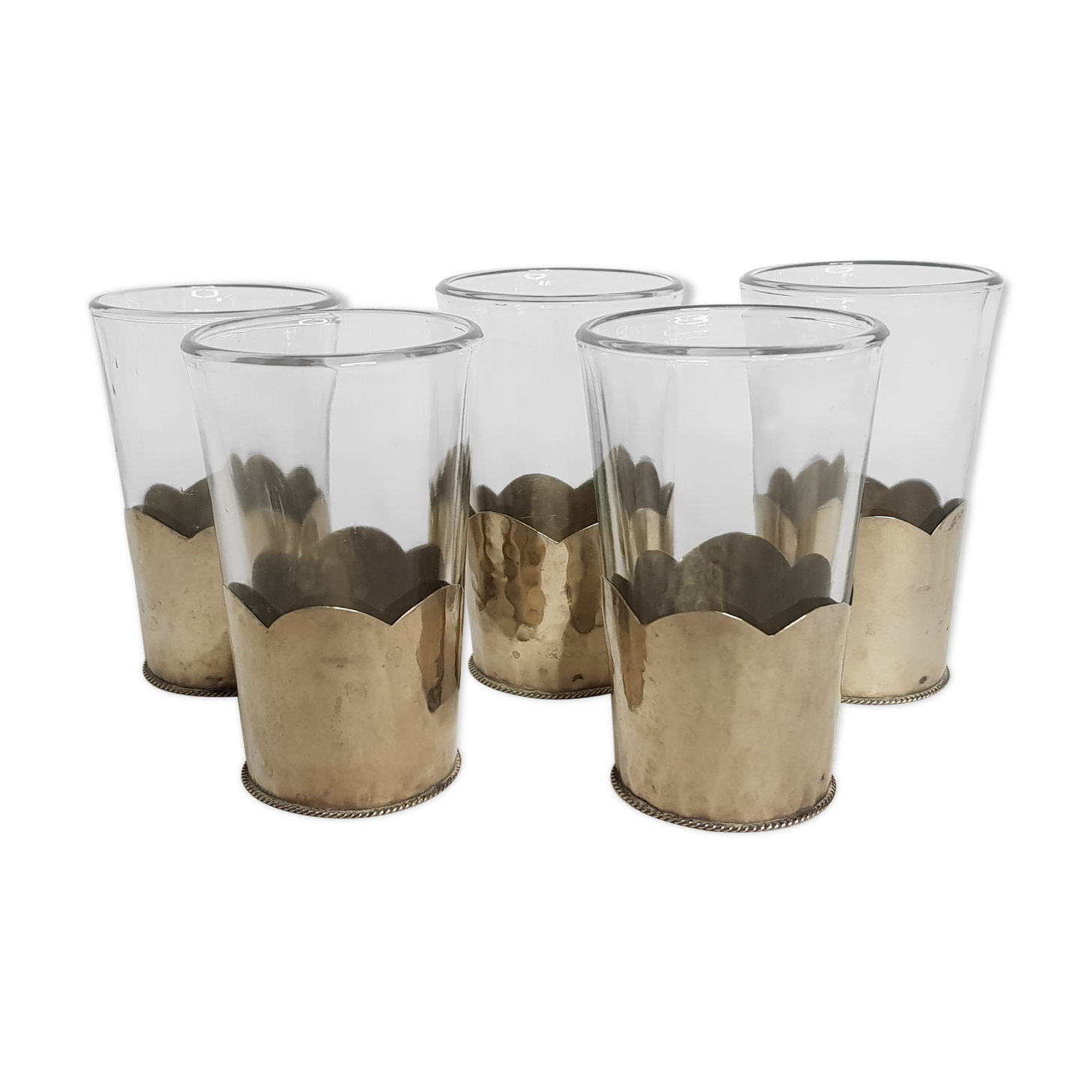 Set of 5 old Moroccan tea glasses in hammered glass and maillechort