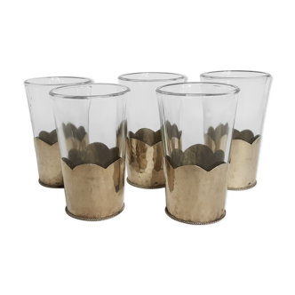 Set of 5 old Moroccan tea glasses in hammered glass and maillechort