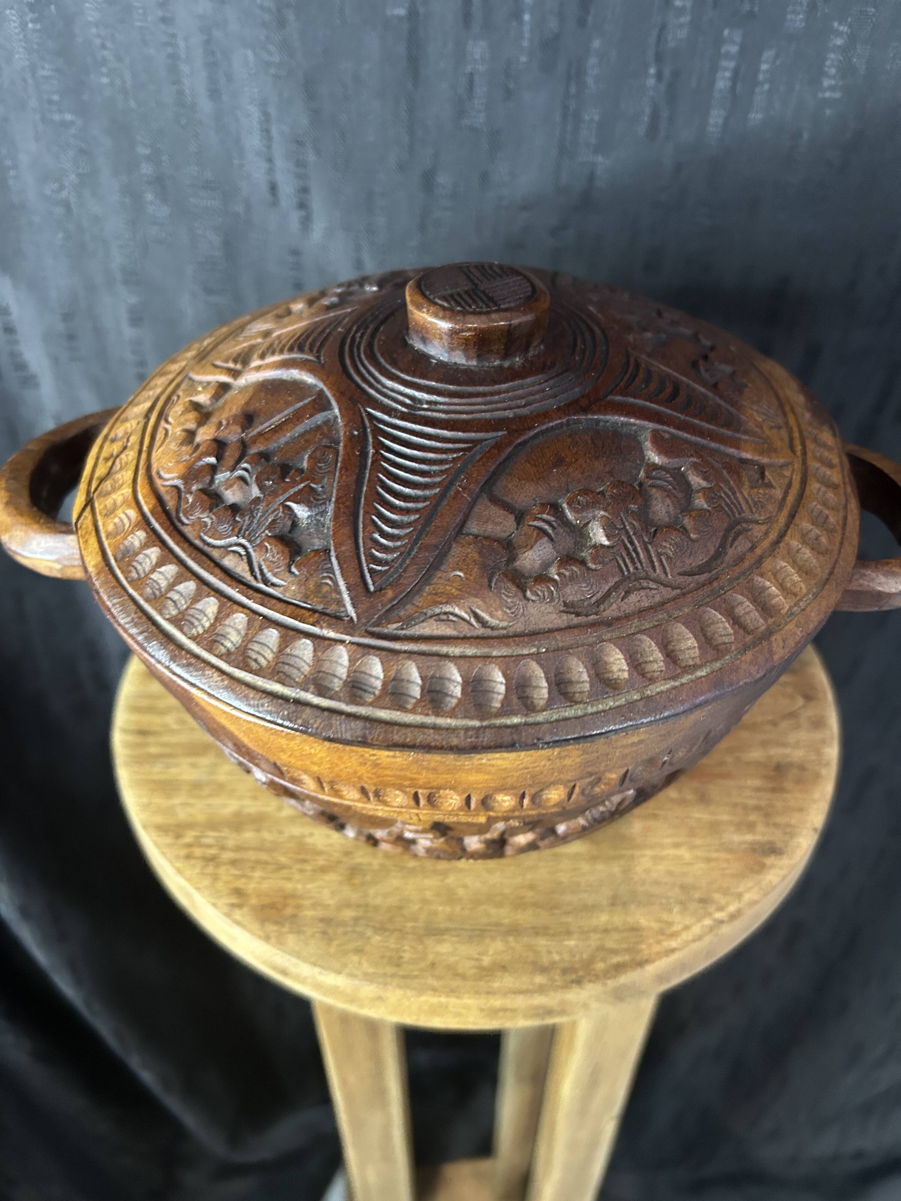 African Art - Madagascar - Vintage - Covered Pot - Carved Rosewood - 1950