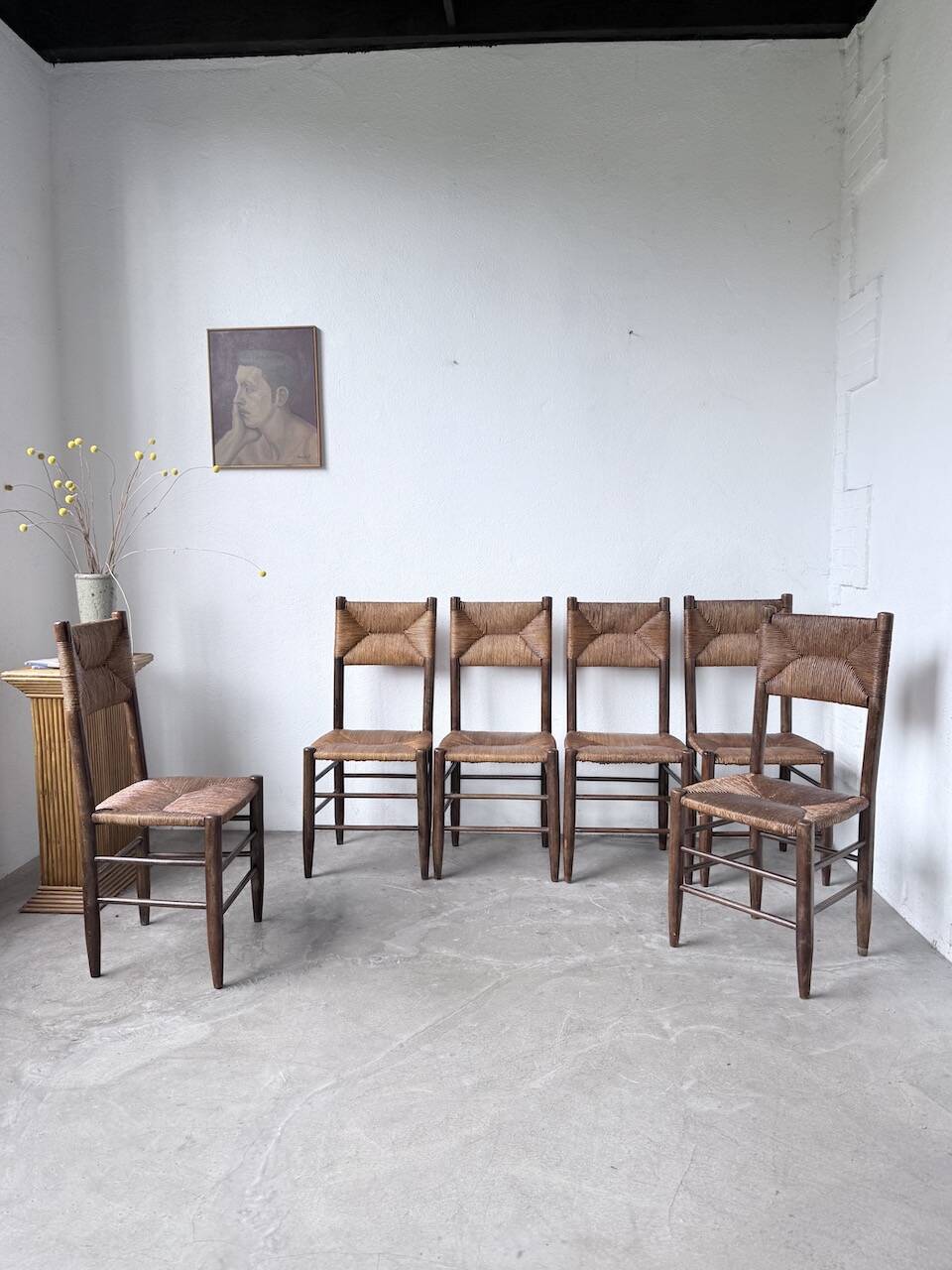 Set of 6 straw and oak Beauche chairs.