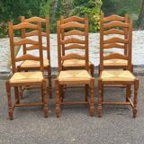 6 solid wood and straw farm-style chairs, 105cm
