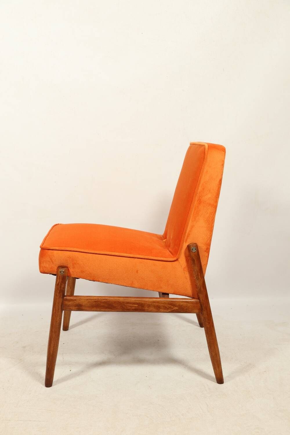 Papaya orange velvet mid century modern 1970s renovated armchair