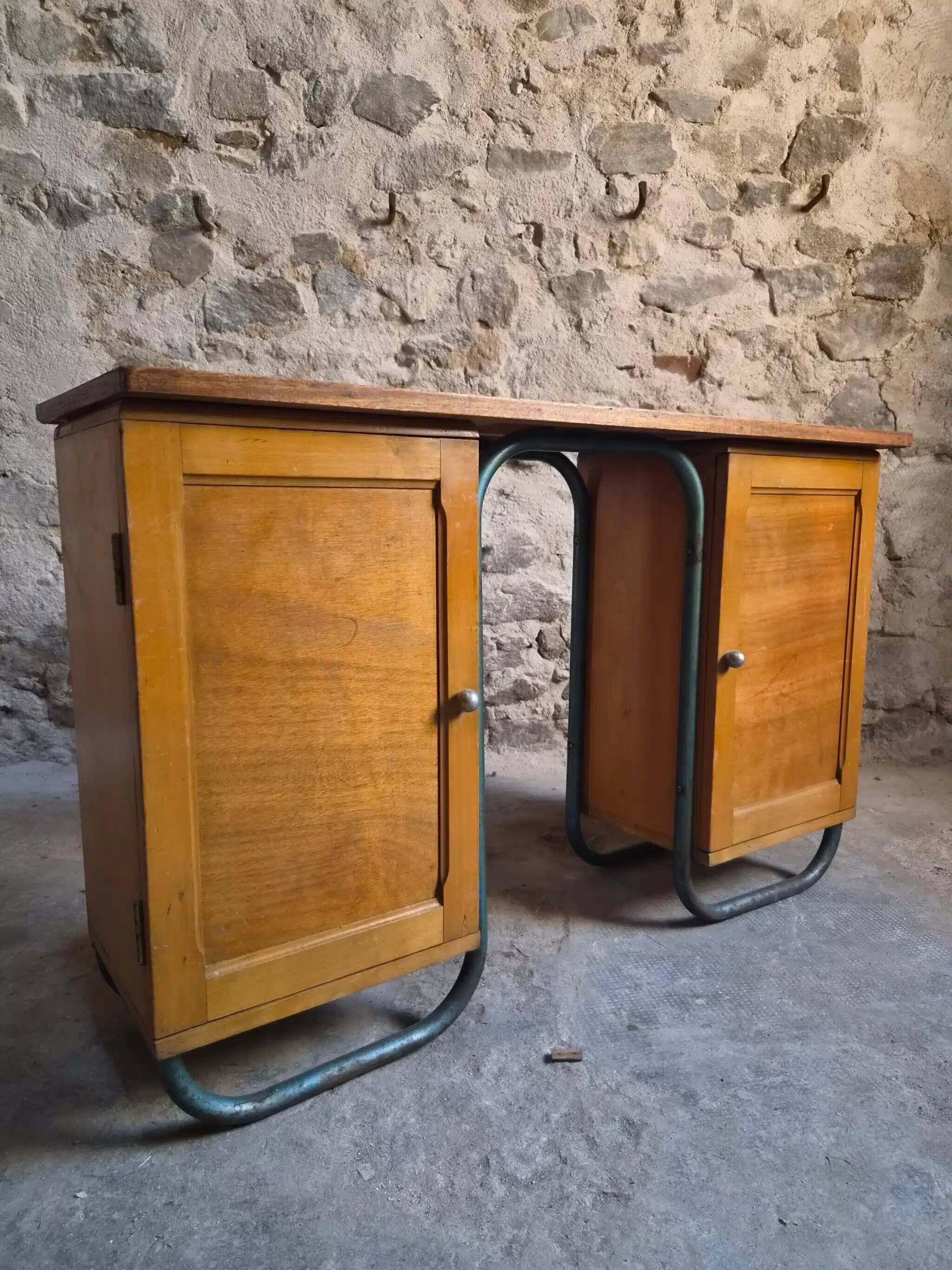 Bureau d'écriture moderniste français en hêtre et acier tubulaire, années 1930
