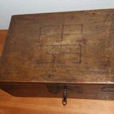 Old box with inscription, fittings, lock and key